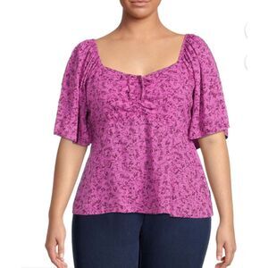 Terra & Sky Purple Babydoll‎ Flowy Blouse-Sz 1X-Sweetheart Neckline-Fairy-Boho